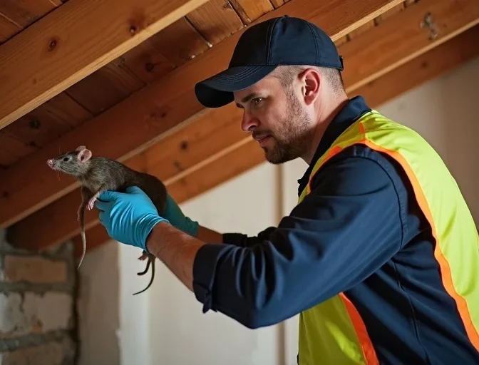 Technician inspecting a roof cavity for a dead rat in Clyde